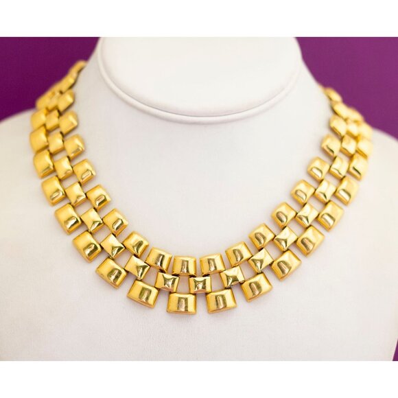 Vintage Checkered Gold Tone Chains Elegant Necklace 17 inch by Avon - V12 - Picture 2 of 3